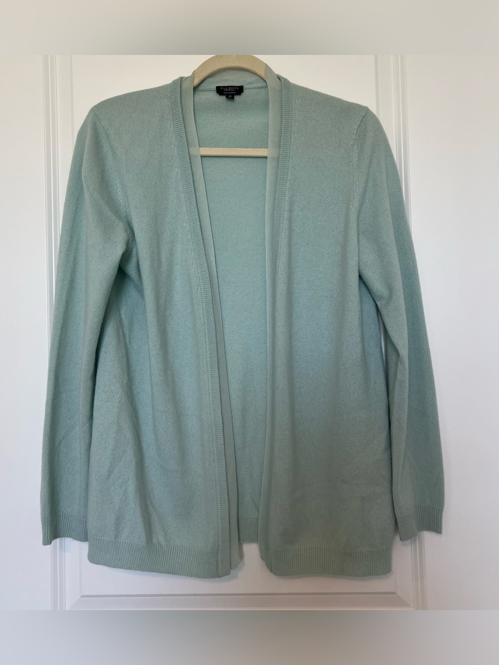 Talbots baby blue Open-Front Cardigan Sweater silk trim excellent sz. M